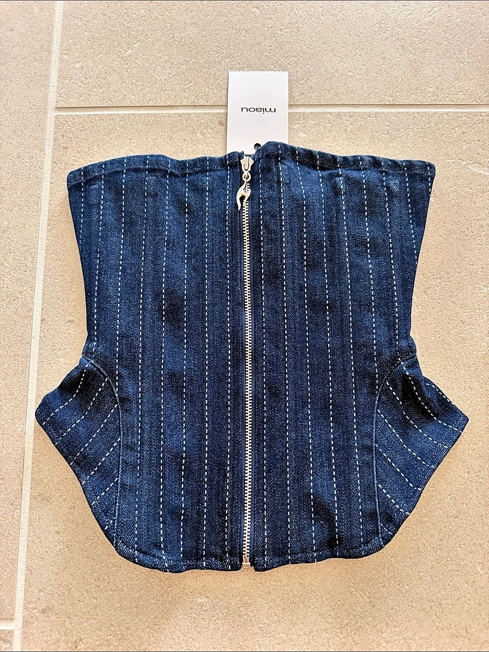 Miaou Riley Corset Striped Denim Crop Top Blue XXS